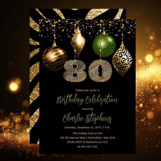 Convites Festa de aniversário de 80 de Balas de Animais Tro (Glamorous Tropical Animal Print Baubles 80th Birthday Party Invitation in Black, Gold & Olive Green)