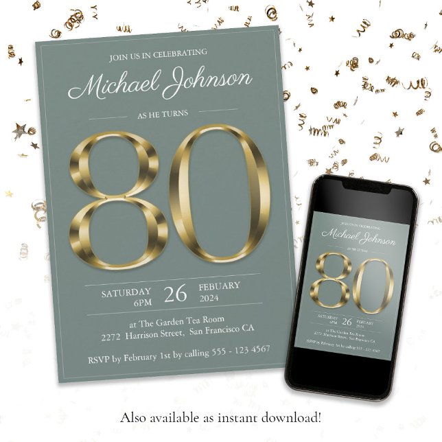 Convites Festa de aniversário de 80 de classe de imagem de  (80th Eightieth Gold Text Sage Classy Birthday Invitation)
