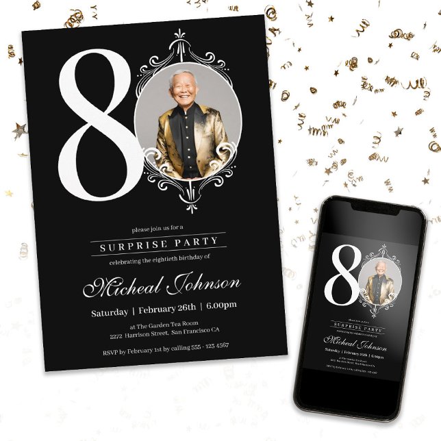 Convites Festa de aniversário de 80 de Fotografias Simples  (Surprise Simple Elegant Photo 80th Birthday Party Invitation)