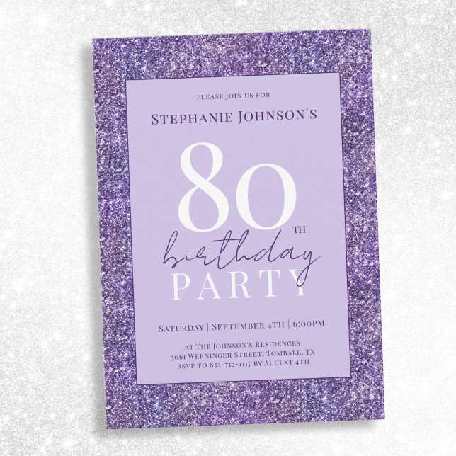 Convites Festa de aniversário de 80 de Lâmpada Roxa Elegant (Elegant Purple Glitter 80th Birthday Party Invitation)