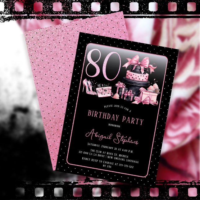 Convites Festa de aniversário de 80 de Moda Preta com Grelh (Glam Pink and Black French Couture Fashion 80th Birthday Party Invitation)