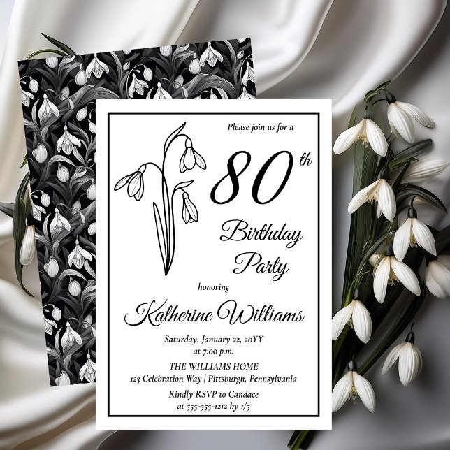 Convites Festa de aniversário de 80 de Neves Elegante (Elegant January Birth Month Snowdrops Floral "80th Birthday Party" Invitations -- Print | Download)