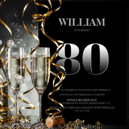 Convites Festa de aniversário de 80 de prata e preto minima