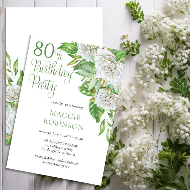 Convites Festa de aniversário de 80 de roscas brancas de aq (Elegant Watercolor White Roses and Greenery 80th Birthday Party Invitation - Print | Download)