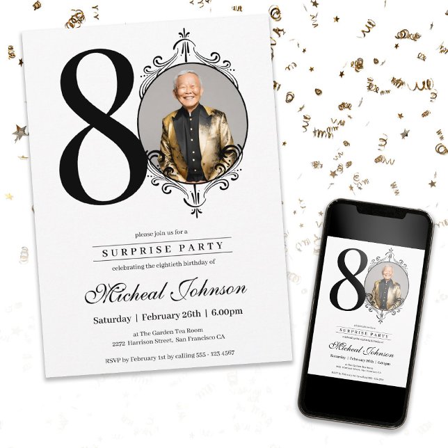 Convites Festa de aniversário de 80 de Surpresa Elegante Si (Simple Elegant Photo Surprise 80th Birthday Party Invitation)