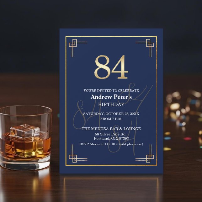 Convites Festa de Aniversário de 84 anos Elegante Azul Dour (Criador carregado)