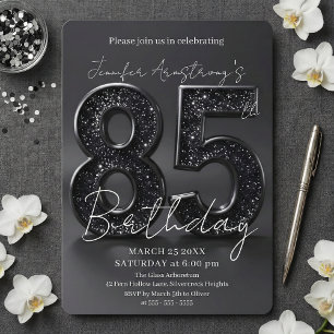 Convites Festa de Aniversário de 85 Anos com Brilho Preto e