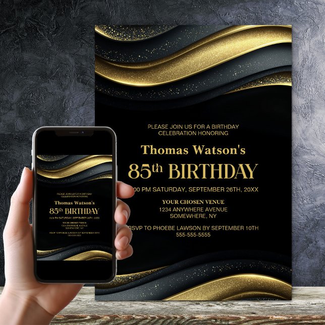 Convites Festa de Aniversário de 85 Anos Preta e Dourada Mo (Criador carregado)