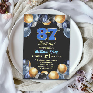 Convites Festa de Aniversário de 87 anos Azul Prata Dourado