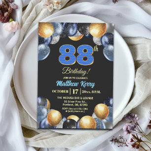 Convites Festa de Aniversário de 88 anos Azul Prata Dourado