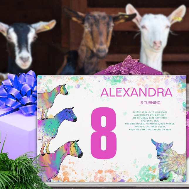 Convites Festa de Aniversário de 8 anos da Cabra Fofa (Cute goats colorful farm animal art 8th birthday party invitation watercolor splash pink Typography)