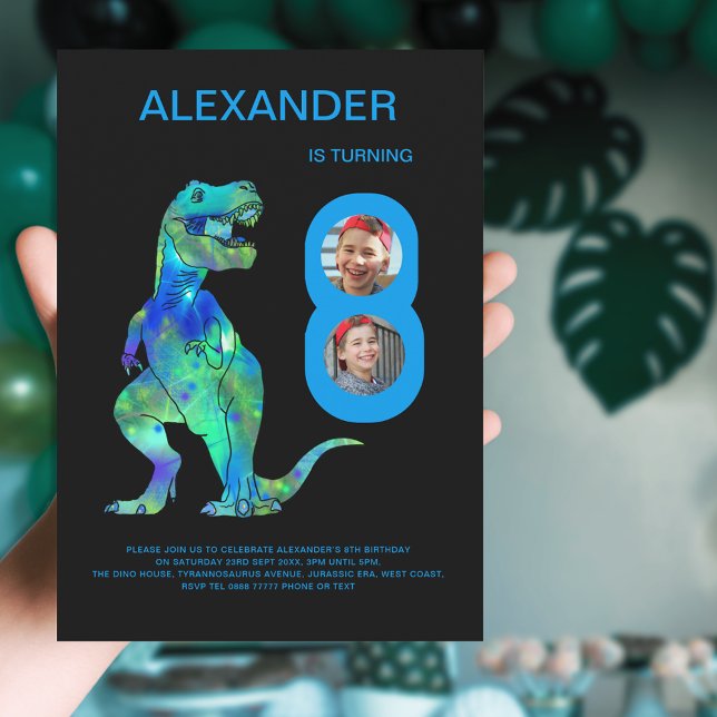 Convites Festa de Aniversário de 8 anos do Dinossauro Foto  (Dinosaur 8th birthday party photo invitation with colorful T-Rex dino)