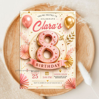 Convites Festa de Aniversário de 8 Anos em Rosa Elegante Do