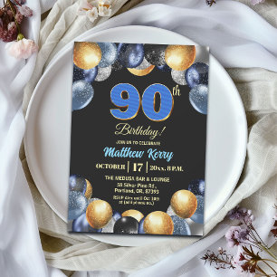 Convites Festa de Aniversário de 90 anos Azul Prata Dourado