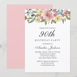 Convites Festa de Aniversário de 90 anos Blush Botanical Wa