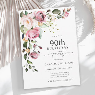 Convites Festa de Aniversário de 90 anos Boho Rosa Floral A