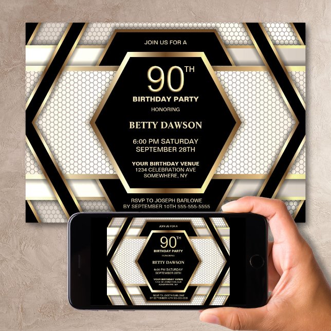 Convites Festa de Aniversário de 90 Anos com Estilo Preto e (Criador carregado)