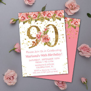 Convites Festa de Aniversário de 90 anos com Floral Rosa e