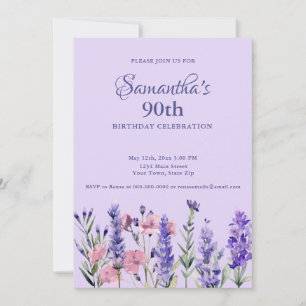 Convites Festa de Aniversário de 90 anos com Floral Roxo Aq