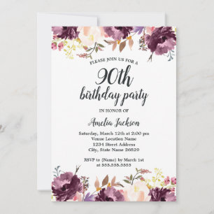 Convites Festa de Aniversário de 90 Anos com Floral Roxo em