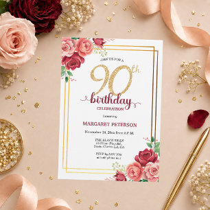 Convites Festa de Aniversário de 90 anos Elegante Blush Flo