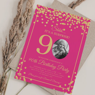 Convites Festa de Aniversário de 90 anos Elegante Dourado C