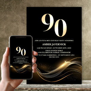 Convites Festa de Aniversário de 90 Anos em Texto Dourado M
