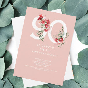 Convites Festa de Aniversário de 90 anos Floral Rosa e Verm
