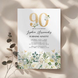 Convites Festa de Aniversário de 90 anos Floral Verde e Bra