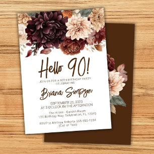 Convites Festa de Aniversário de 90 anos Flores Marrom Bege
