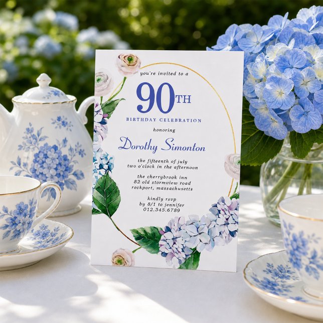 Convites Festa de Aniversário de 90 anos Hydrangea Rosa (Criador carregado)