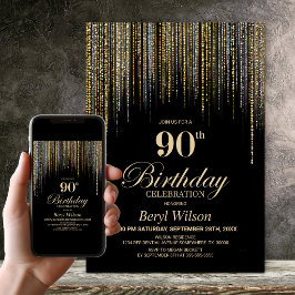 Convites Festa de Aniversário de 90 Anos Preto com Brilho D