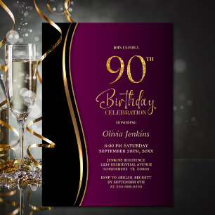 Convites Festa de Aniversário de 90 anos Preto e Vermelho M