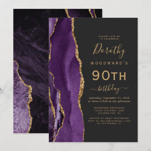 Convites Festa de Aniversário de 90 anos Purple Gold Agate 