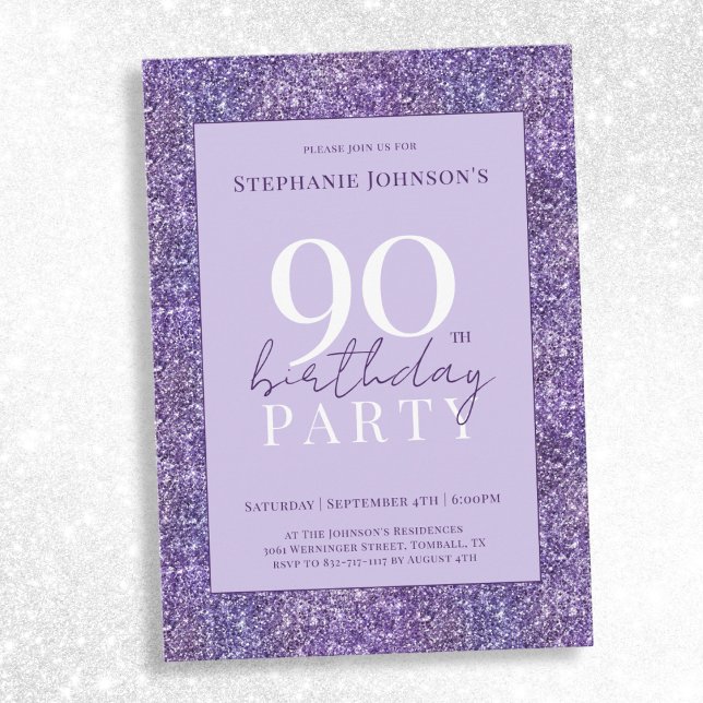 Convites Festa de aniversário de 90 de Lâmpada Roxa Elegant (Elegant Purple Glitter 90th Birthday Party Invitation)