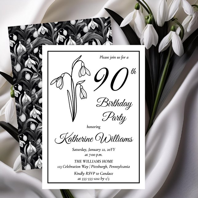 Convites Festa de aniversário de 90 de Neves Elegante (Elegant January Birth Month Snowdrops Floral "90th Birthday Party" Invitations -- Print | Download)
