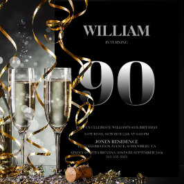 Convites Festa de aniversário de 90 de prata e preto minima