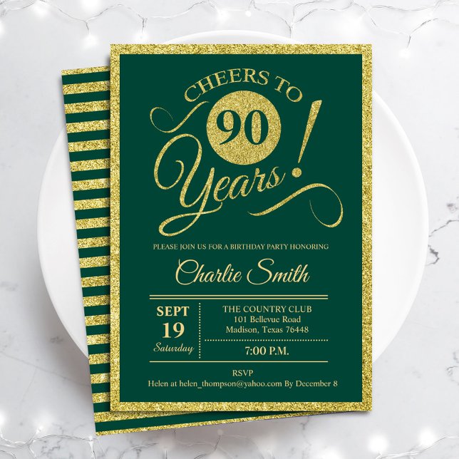 Convites Festa de aniversário de 90 - QUALQUER IDADE Dourad (Criador carregado)