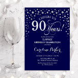 Convites Festa de aniversário de 90 surpresas - Prata Marin<br><div class="desc">Convite de aniversário de 90 surpresa. Design elegante em azul marinho e prata brilhante fraca. Apresenta a fonte do script e os diamantes confetti. Saúde para 90 anos! Envie-me uma mensagem se precisar de mais personalização.</div>