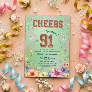 Convites Festa de Aniversário de 91 anos com Brilho Floral 