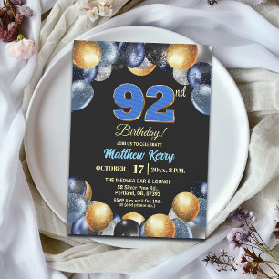 Convites Festa de Aniversário de 92 anos Azul Prata Dourado