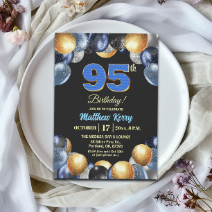 Convites Festa de Aniversário de 95 anos Azul Prata Dourado