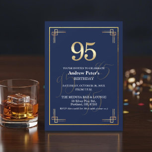 Convites Festa de Aniversário de 95 anos Elegante Azul Dour