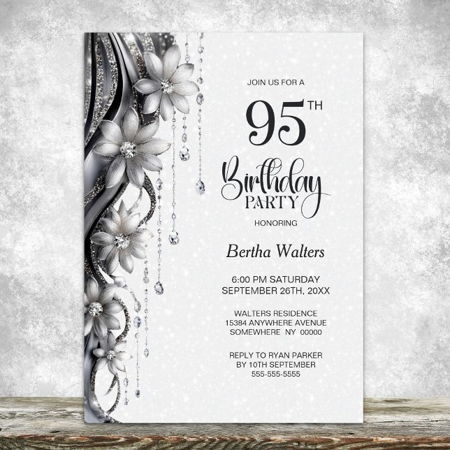 Convites Festa de Aniversário de 95 anos Flores e Diamantes (Criador carregado)