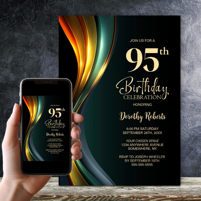 Convites Festa de Aniversário de 95 Anos Preta e Dourada Mo (Criador carregado)