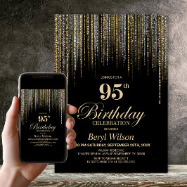 Convites Festa de Aniversário de 95 Anos Preto com Brilho D