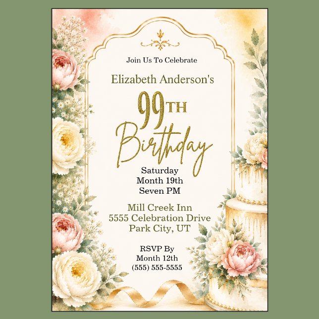 Convites Festa de Aniversário de 99 anos da Bela Peônia (Beautiful Peony Flower 99th Birthday Invitation For Women.)