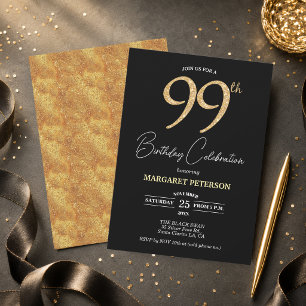 Convites Festa de Aniversário de 99 anos Elegante Preto Dou