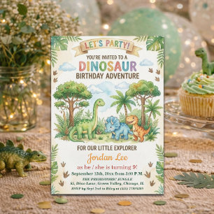 Convites Festa de Aniversário de 9 Anos Dinossauros Aquarel