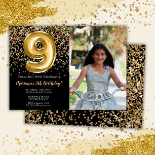 Convites Festa de Aniversário de 9 Anos Menina Preto Dourad